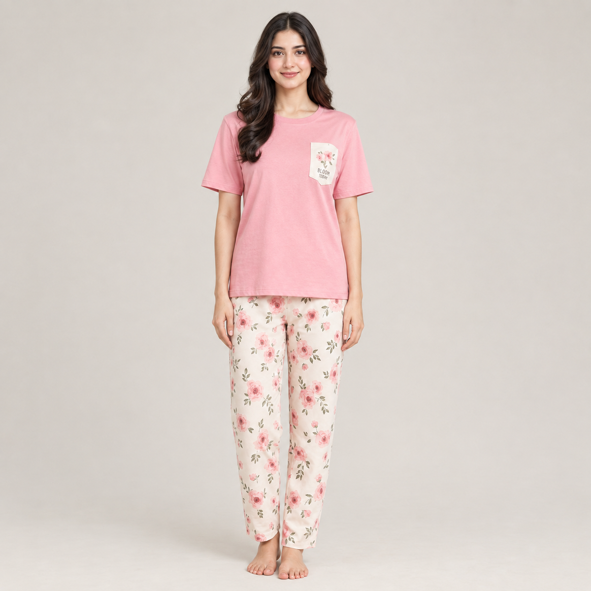 Women’s Pink Floral Cotton PJ Set – Bloom Lounge Sleepwear