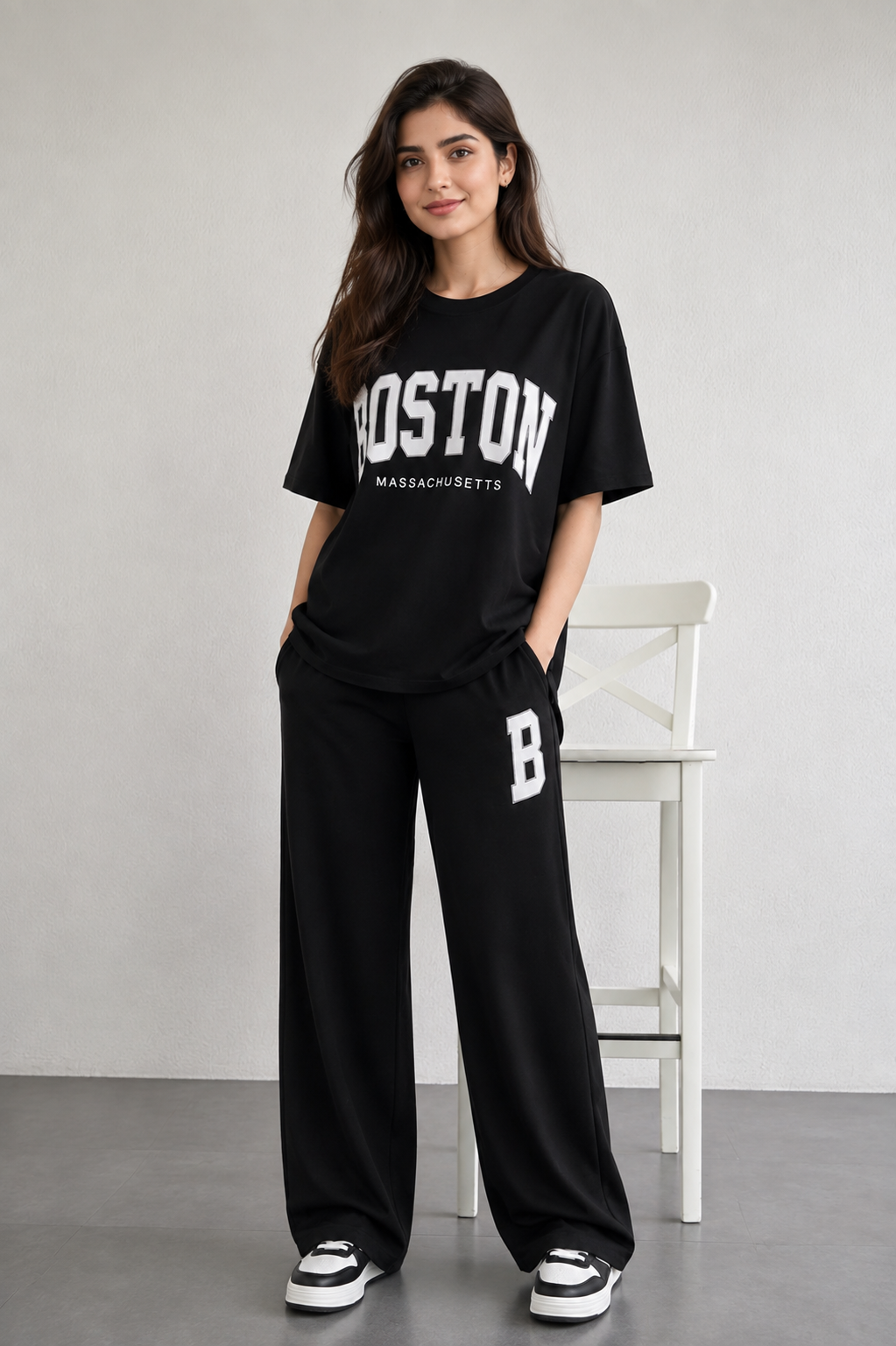 Women Black Boston Printed Two Piece Set – Oversized T-Shirt & Wide Leg Trousers