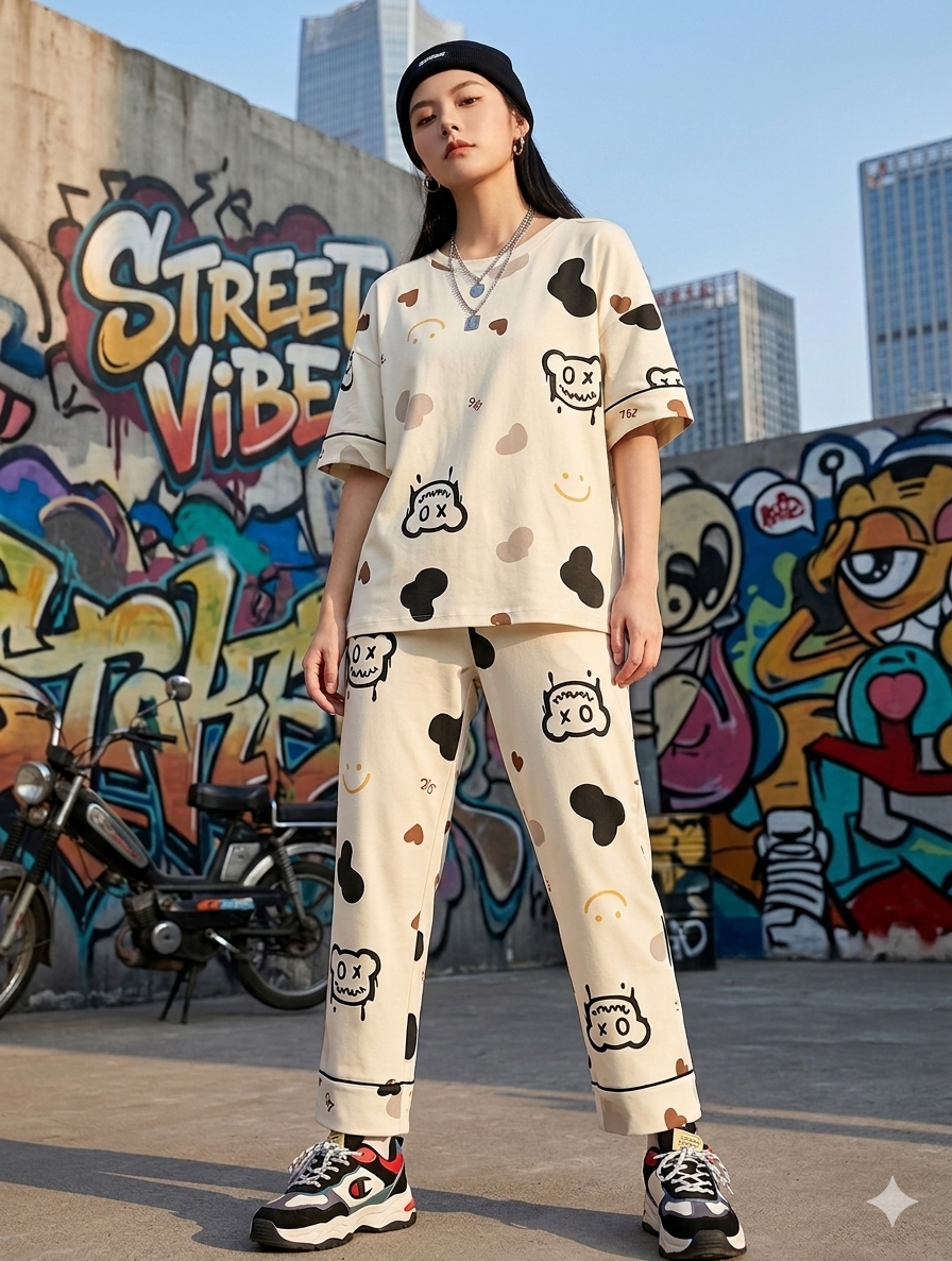 Cozy Bear Print Lounge Set for Women – Soft Cotton Night Suit, Cute Pajama Set