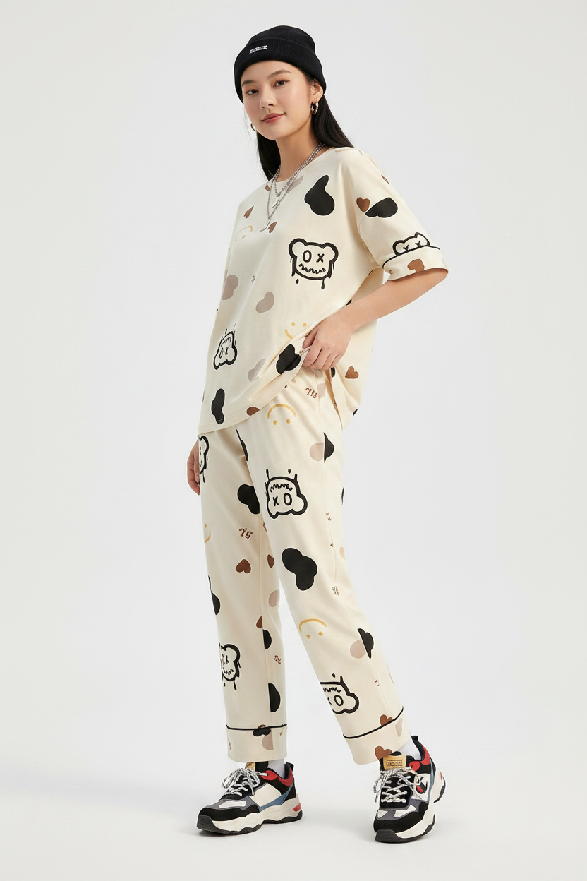 Cozy Bear Print Lounge Set for Women – Soft Cotton Night Suit, Cute Pajama Set