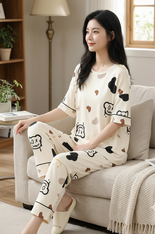 Cozy Bear Print Lounge Set for Women – Soft Cotton Night Suit, Cute Pajama Set