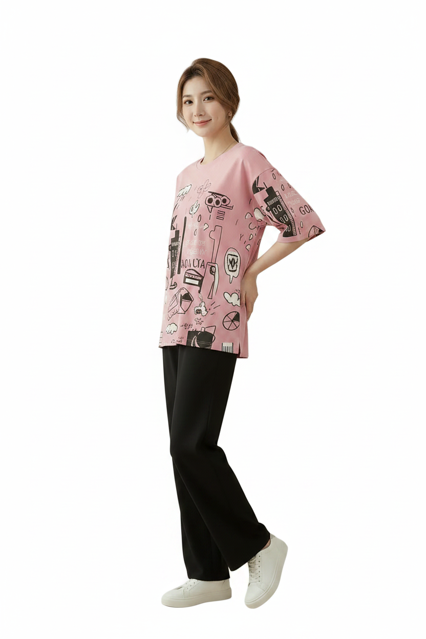 Trendy Pink Doodle Graphic Pajama Set | Artistic Urban Print Nightwear