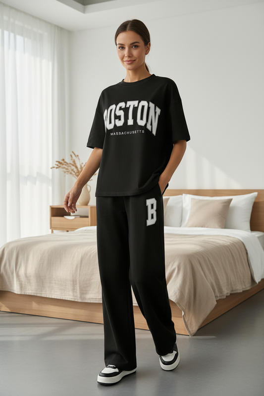 Women Black Boston Printed Two Piece Set – Oversized T-Shirt & Wide Leg Trousers