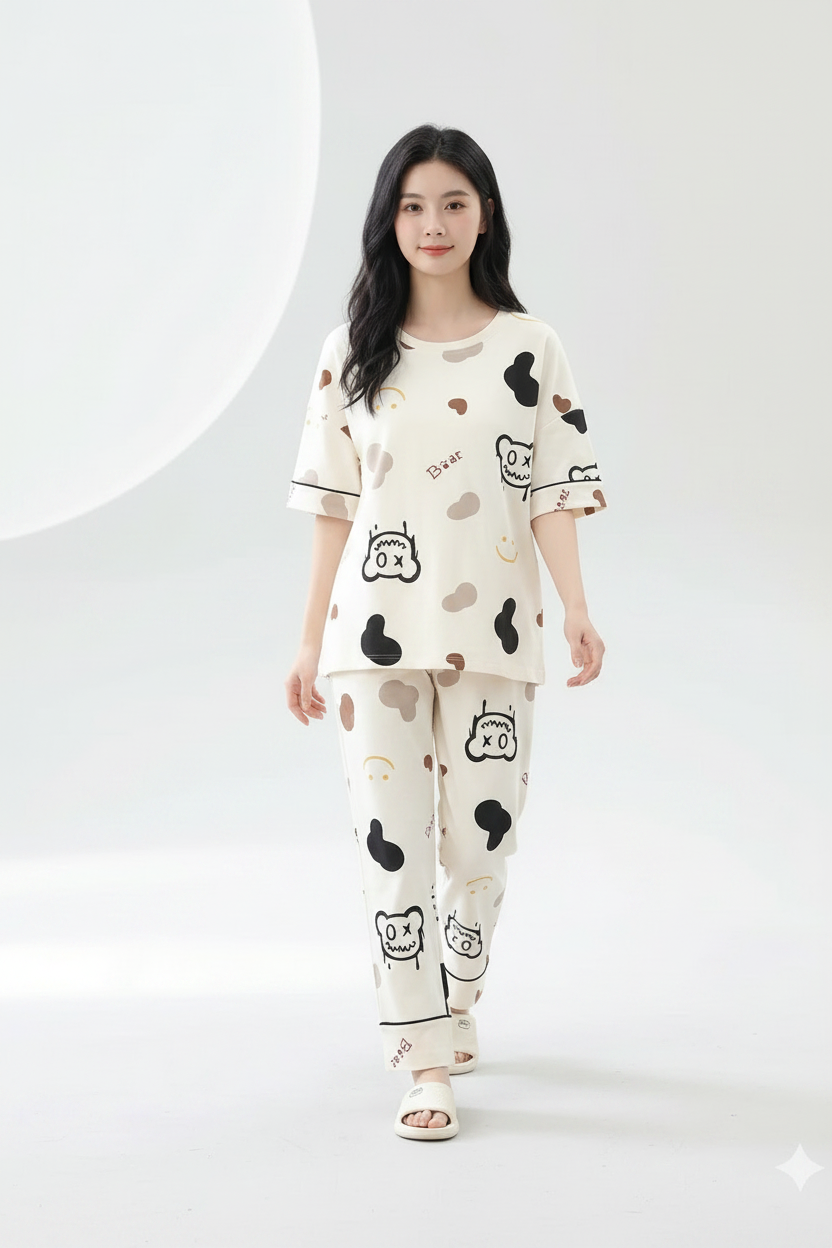 Cozy Bear Print Lounge Set for Women – Soft Cotton Night Suit, Cute Pajama Set