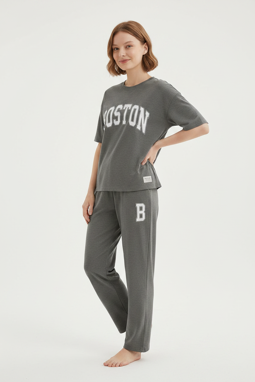 Women Black Boston Printed Two Piece Set – Oversized T-Shirt & Wide Leg Trousers