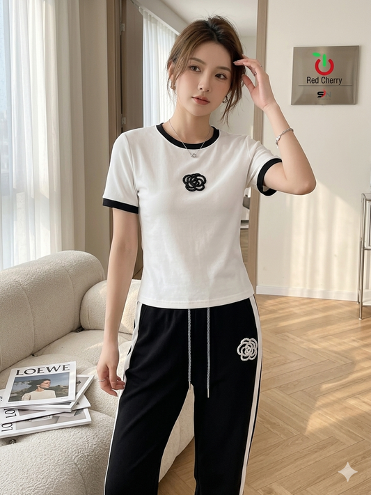 Minimalist Rose Embroidery Pajama Set - Contrast Ringer Style Loungewear