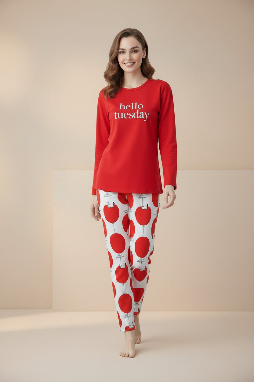 Women’s Red Printed Pajama Set - Soft & Breathable Night Suit
