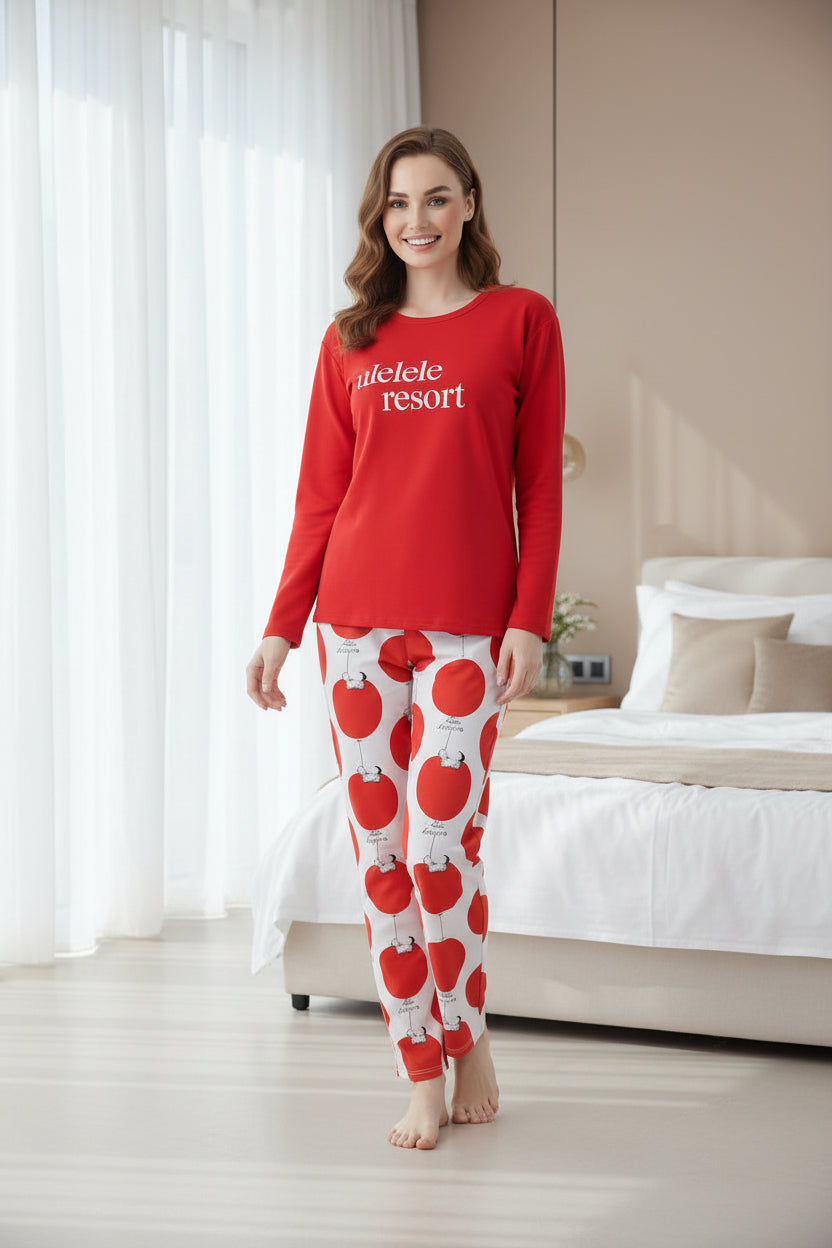 Women’s Red Printed Pajama Set - Soft & Breathable Night Suit