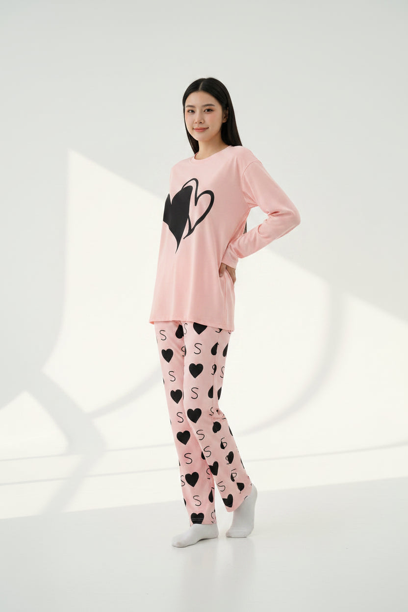 Oversized Pink Heart Loungewear - Full Sleeve Heart Print Pajama Set