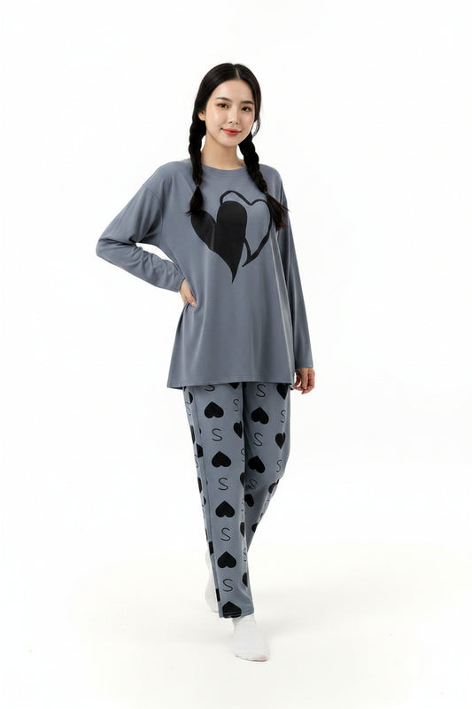 Oversized Pink Heart Loungewear - Full Sleeve Heart Print Pajama Set
