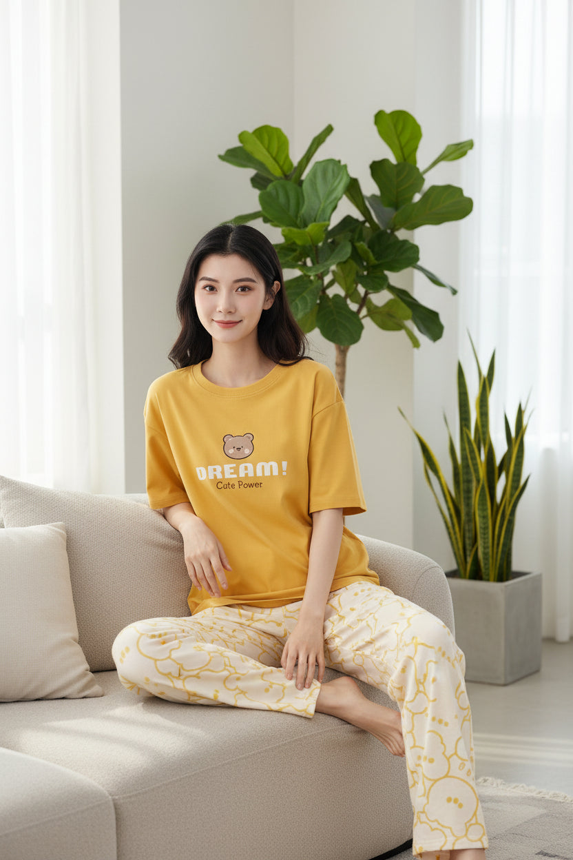 Yellow "Dream" Cute Bear Pajama Set | Kawaii Style Women's Nightwear