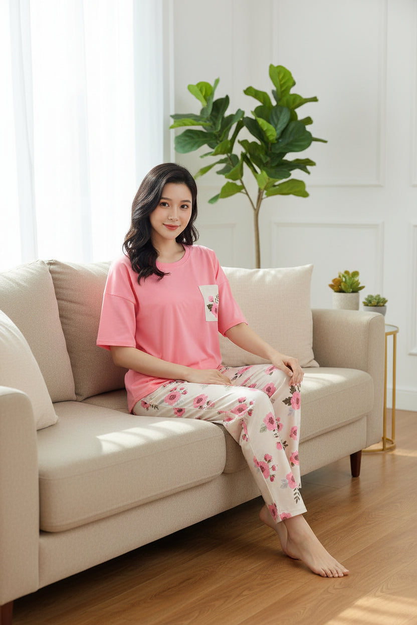 Pastel Pink Floral Pocket Pajama Set - Breathable Cotton Nightwear