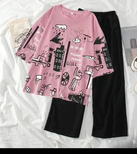Trendy Pink Doodle Graphic Pajama Set | Artistic Urban Print Nightwear