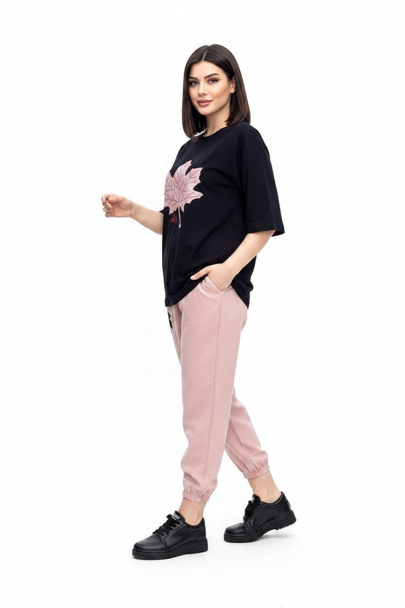 Premium Women's Printed Night Suit – Black & Pink