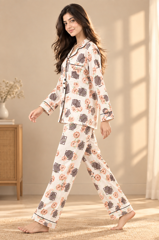 Chic Peach Rose & Geometric Print Cotton Nightwear Set / Pyjama Set with Contrast Piping