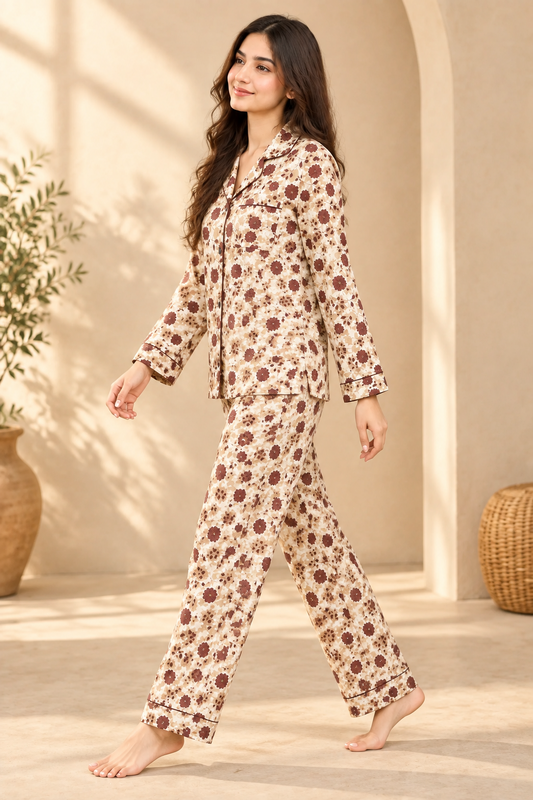 Rose Bloom Cotton Pajama Set White Floral Printed Night Suit for Women