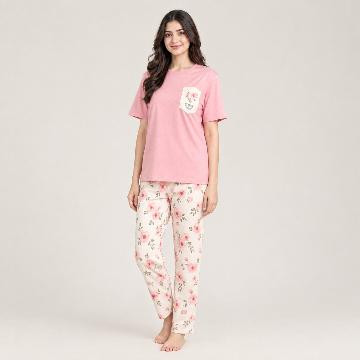 Women’s Pink Floral Cotton PJ Set – Bloom Lounge Sleepwear