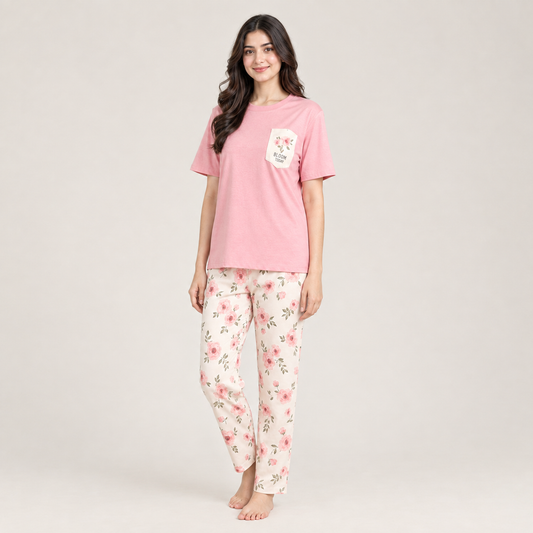 Women’s Pink Floral Cotton PJ Set – Bloom Lounge Sleepwear