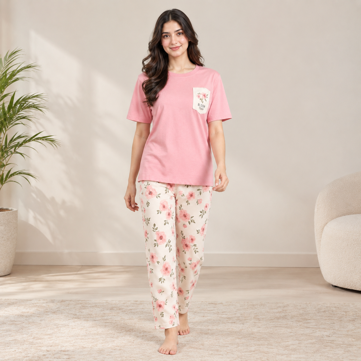 Women’s Pink Floral Cotton PJ Set – Bloom Lounge Sleepwear