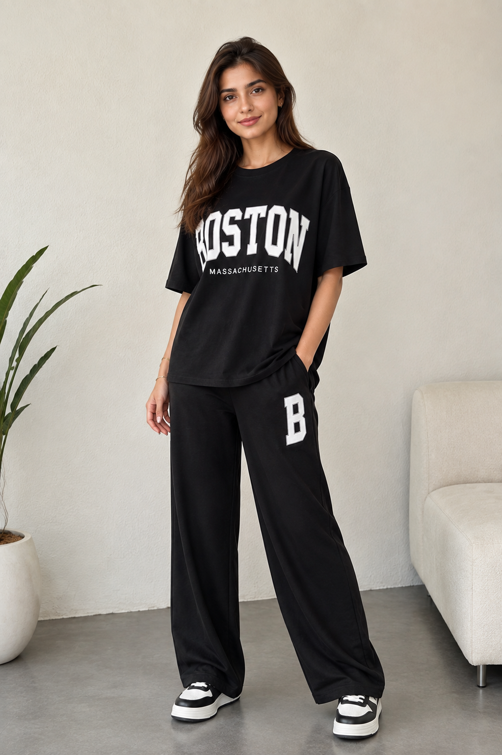 Women Black Boston Printed Two Piece Set – Oversized T-Shirt & Wide Leg Trousers