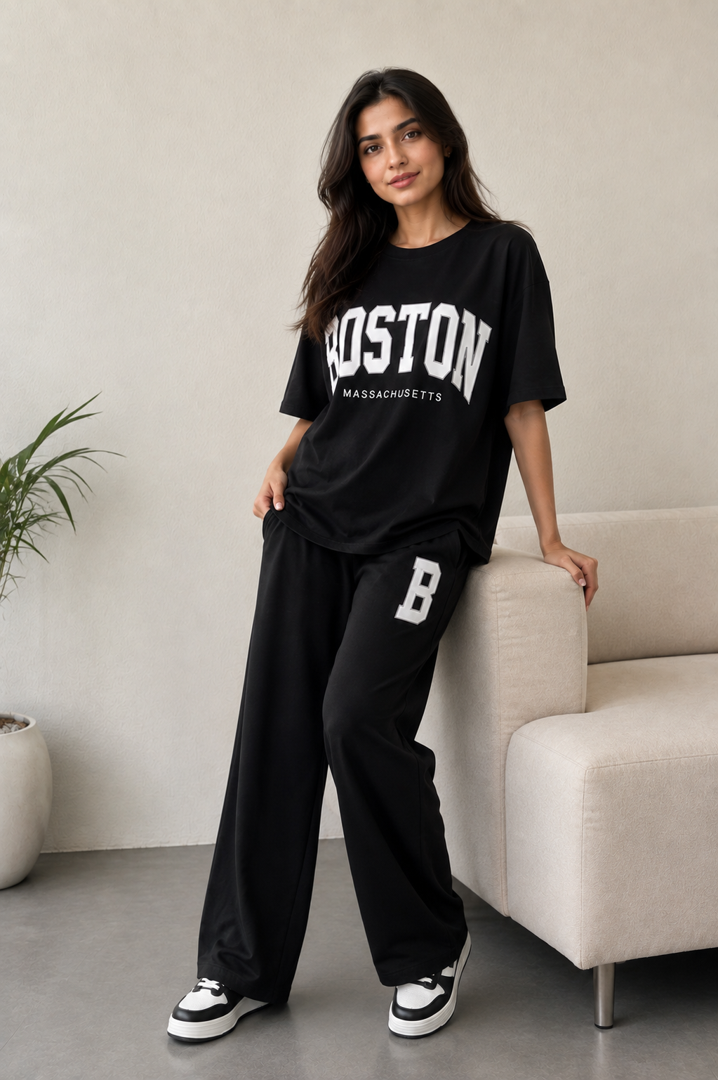 Women Black Boston Printed Two Piece Set – Oversized T-Shirt & Wide Leg Trousers