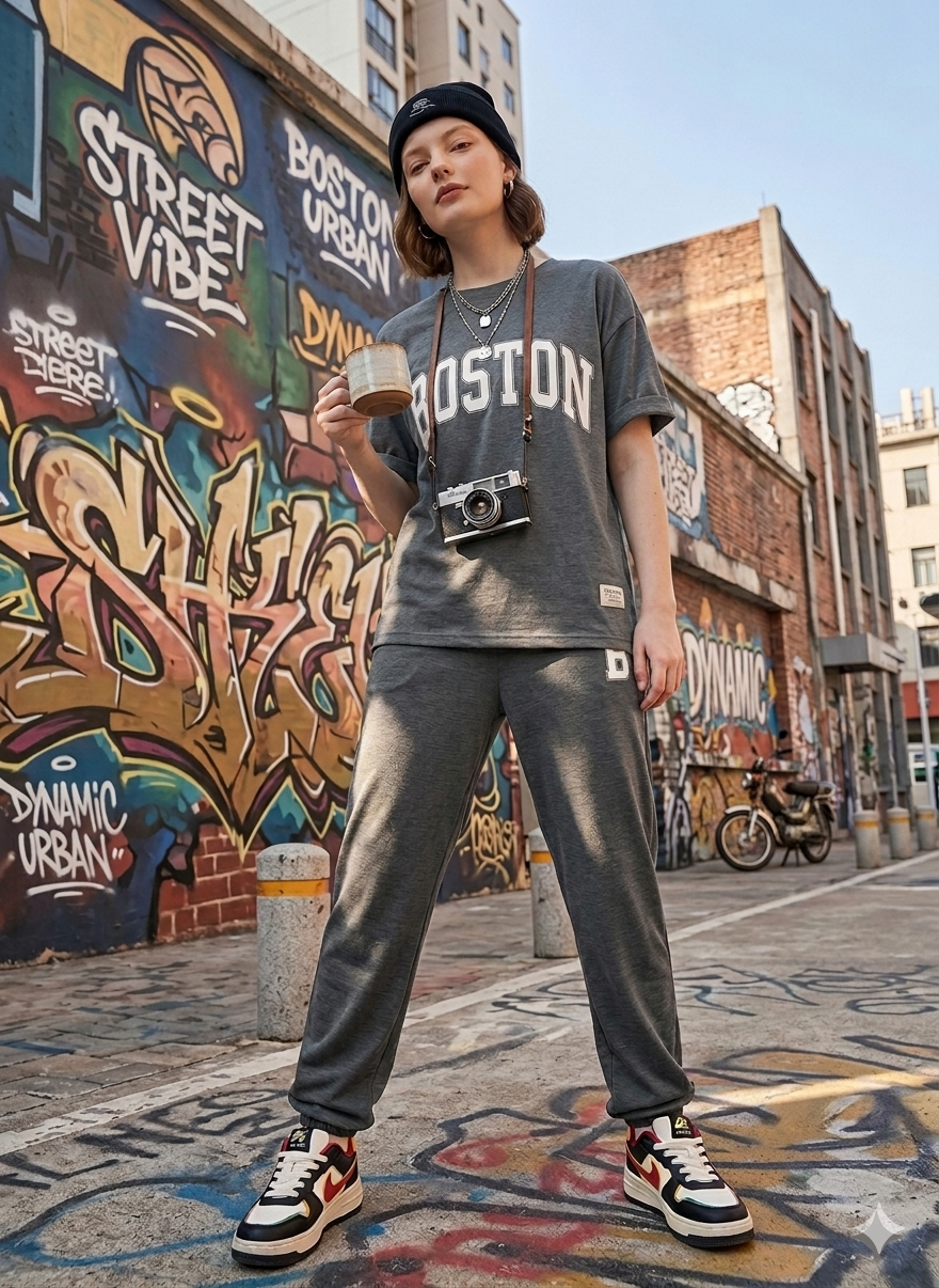 Women Black Boston Printed Two Piece Set – Oversized T-Shirt & Wide Leg Trousers
