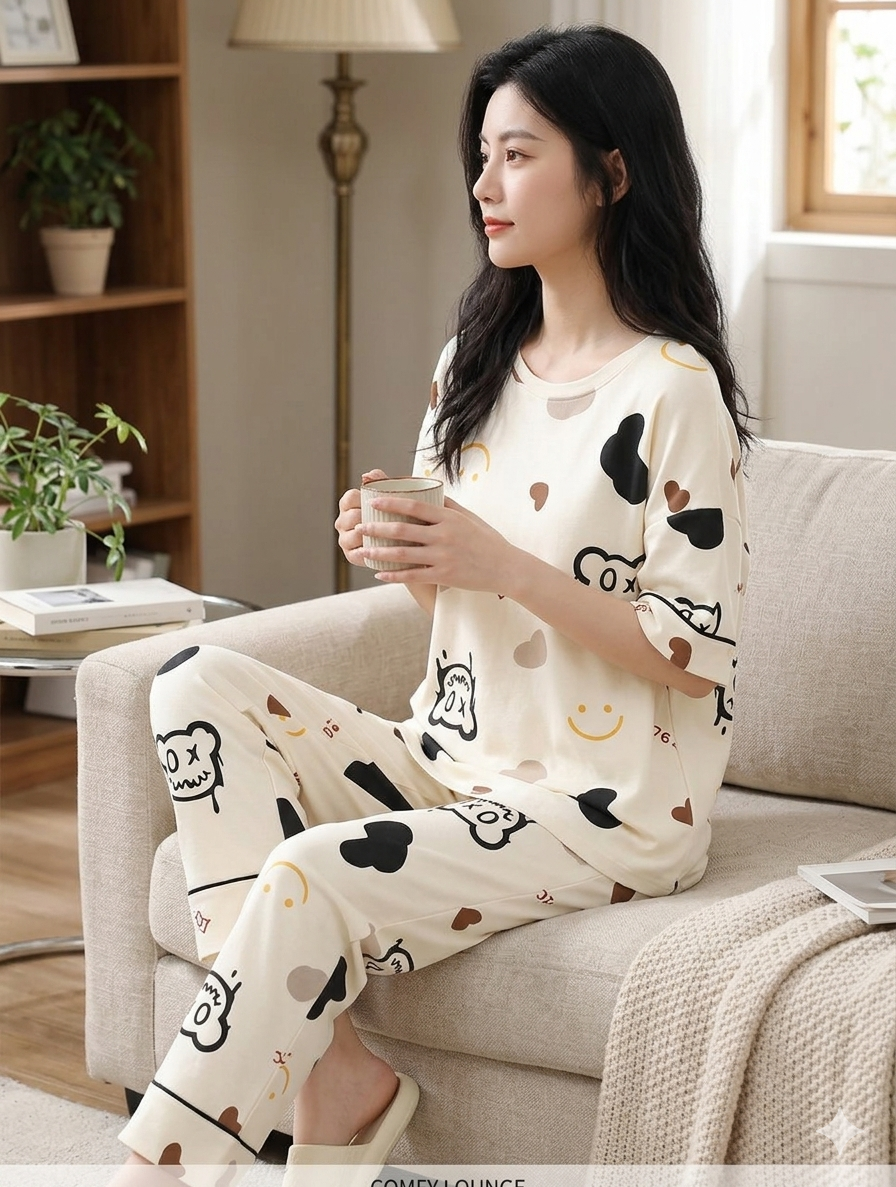 Cozy Bear Print Lounge Set for Women – Soft Cotton Night Suit, Cute Pajama Set