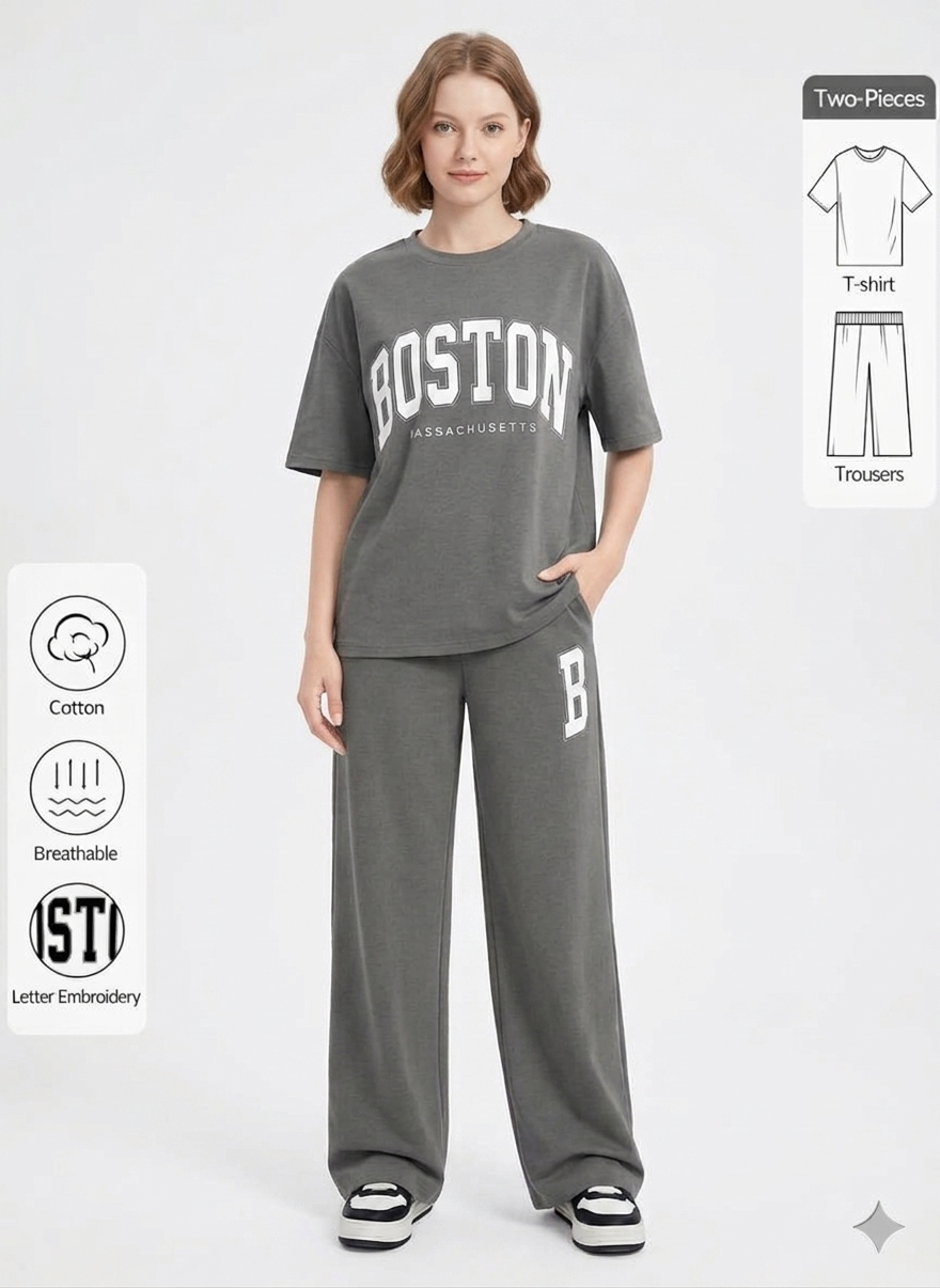Women Black Boston Printed Two Piece Set – Oversized T-Shirt & Wide Leg Trousers
