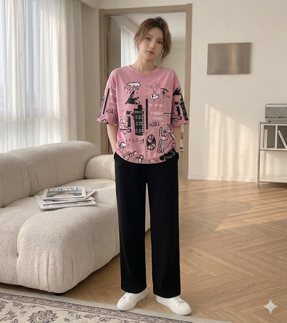 Trendy Pink Doodle Graphic Pajama Set | Artistic Urban Print Nightwear