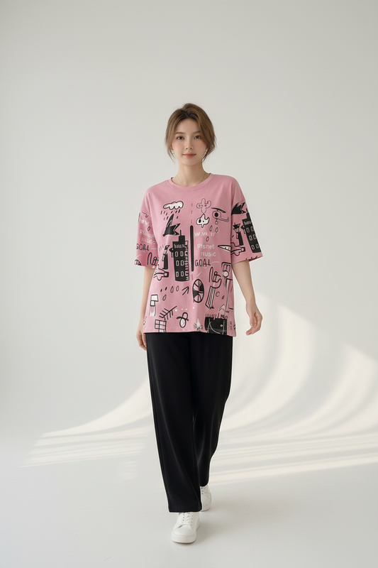Trendy Pink Doodle Graphic Pajama Set | Artistic Urban Print Nightwear