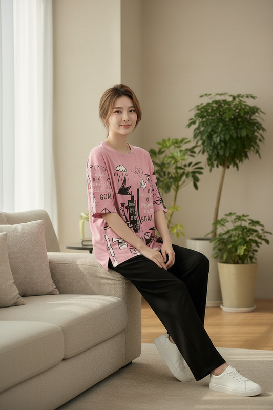 Trendy Pink Doodle Graphic Pajama Set | Artistic Urban Print Nightwear