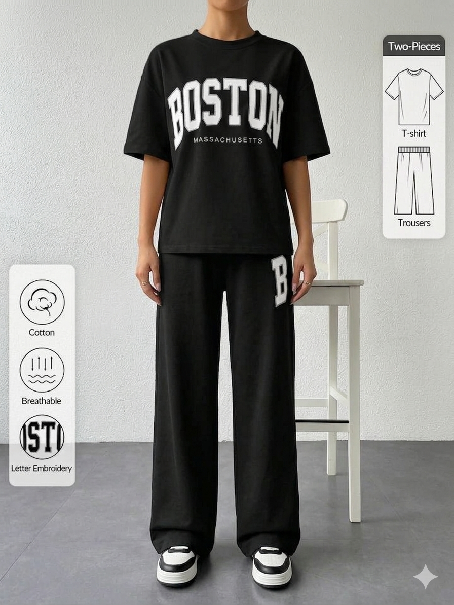 Women Black Boston Printed Two Piece Set – Oversized T-Shirt & Wide Leg Trousers