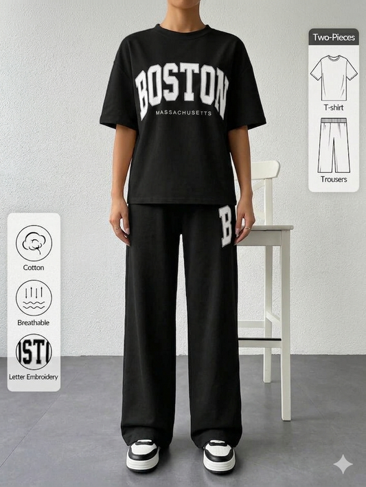 Women Black Boston Printed Two Piece Set – Oversized T-Shirt & Wide Leg Trousers
