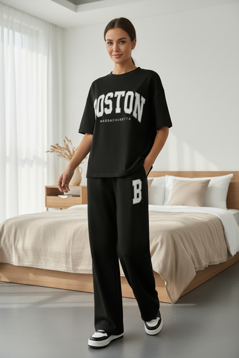 Women Black Boston Printed Two Piece Set – Oversized T-Shirt & Wide Leg Trousers