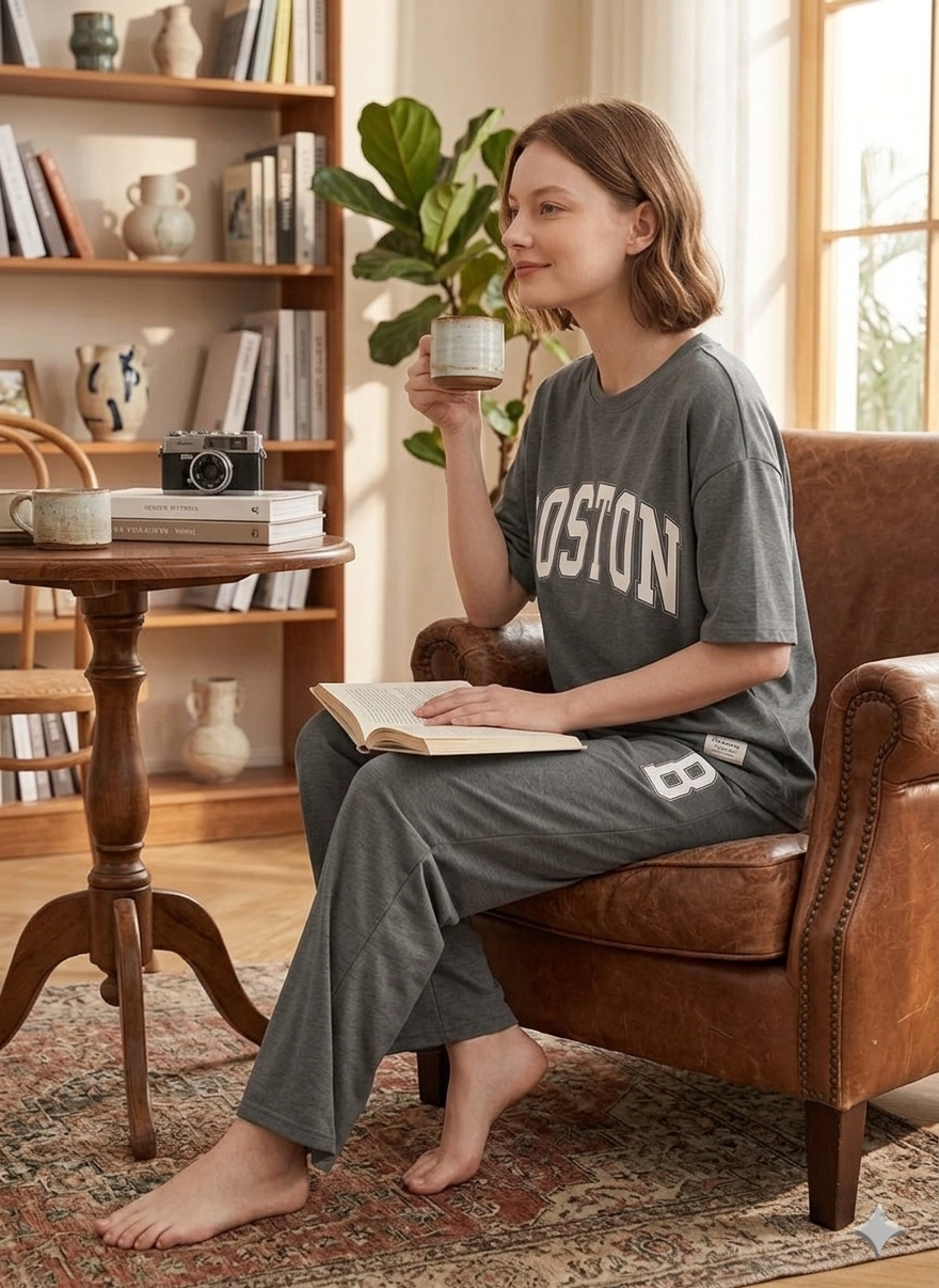 Women Black Boston Printed Two Piece Set – Oversized T-Shirt & Wide Leg Trousers
