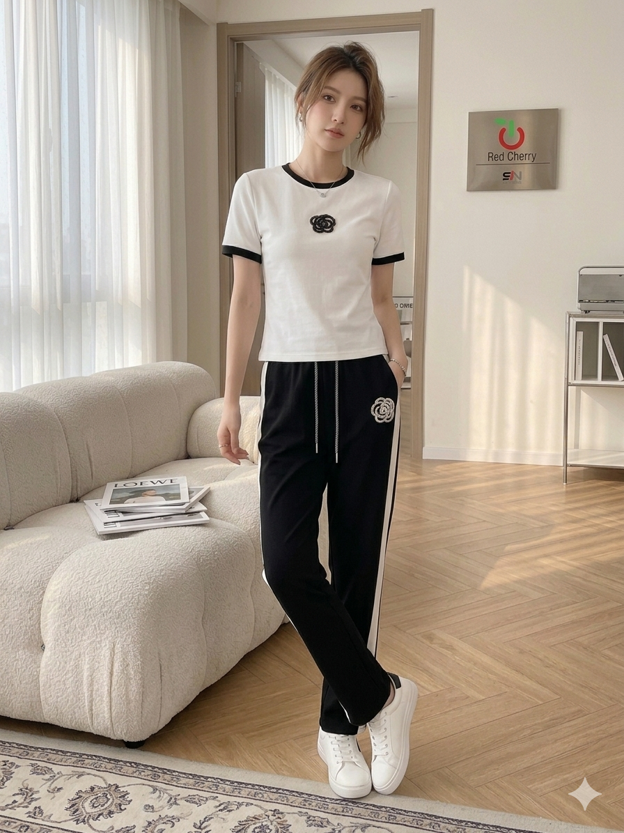 Minimalist Rose Embroidery Pajama Set - Contrast Ringer Style Loungewear