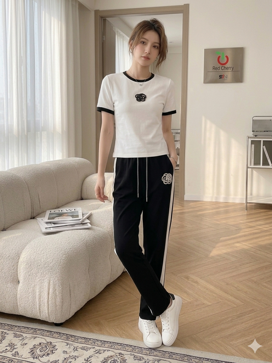 Minimalist Rose Embroidery Pajama Set - Contrast Ringer Style Loungewear