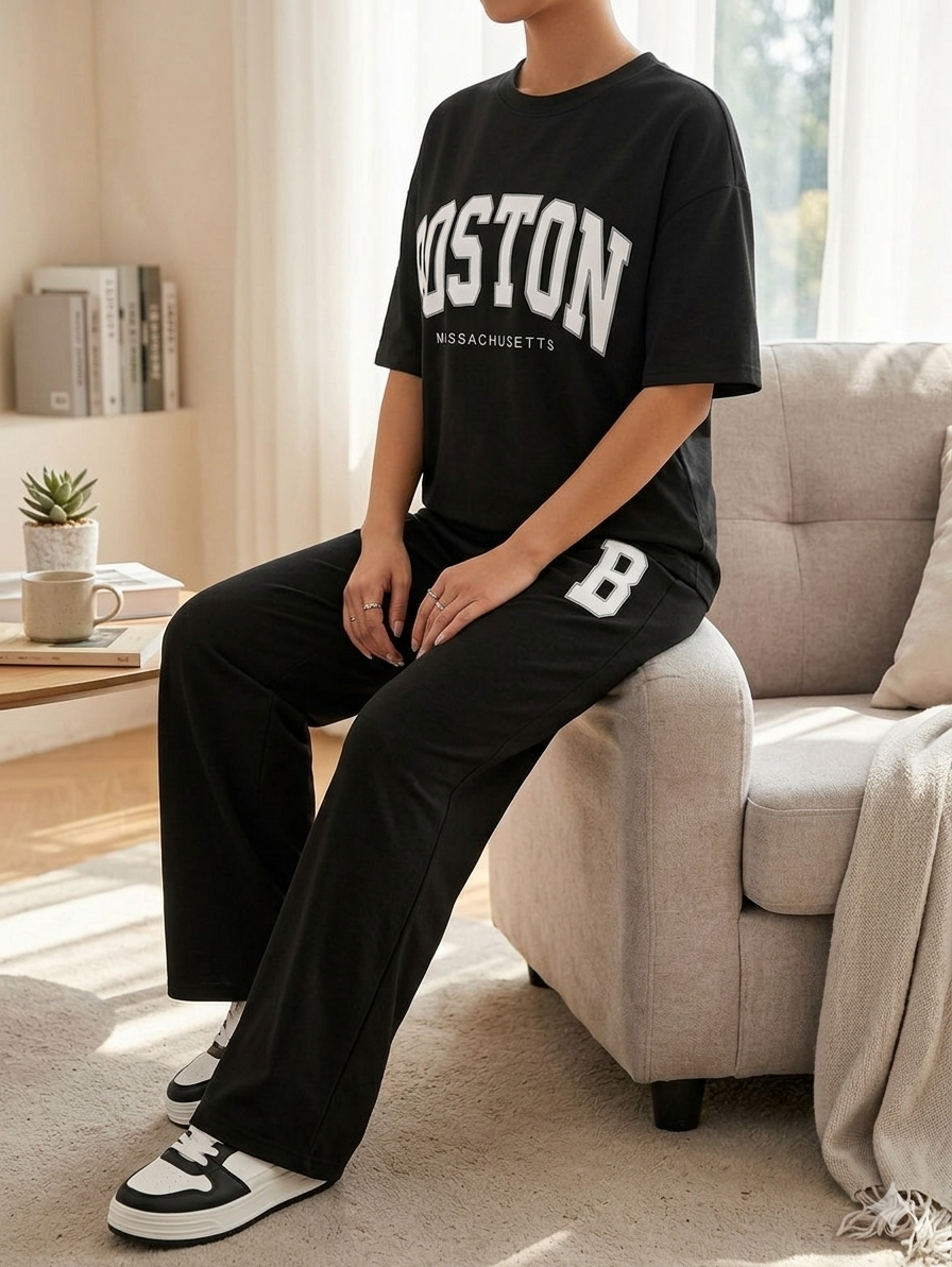 Women Black Boston Printed Two Piece Set – Oversized T-Shirt & Wide Leg Trousers