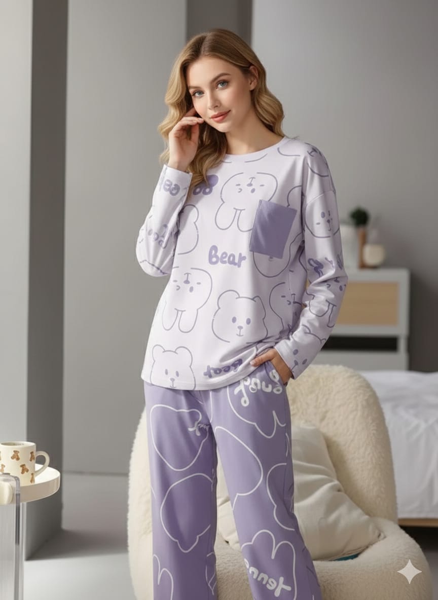 Women’s 2-Piece Cute Night Suit  Soft Bear Print Sleepwear