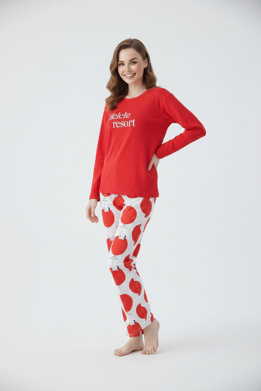 Women’s Red Printed Pajama Set - Soft & Breathable Night Suit
