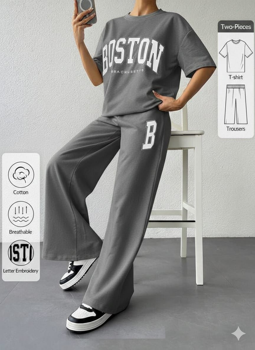 Women Black Boston Printed Two Piece Set – Oversized T-Shirt & Wide Leg Trousers
