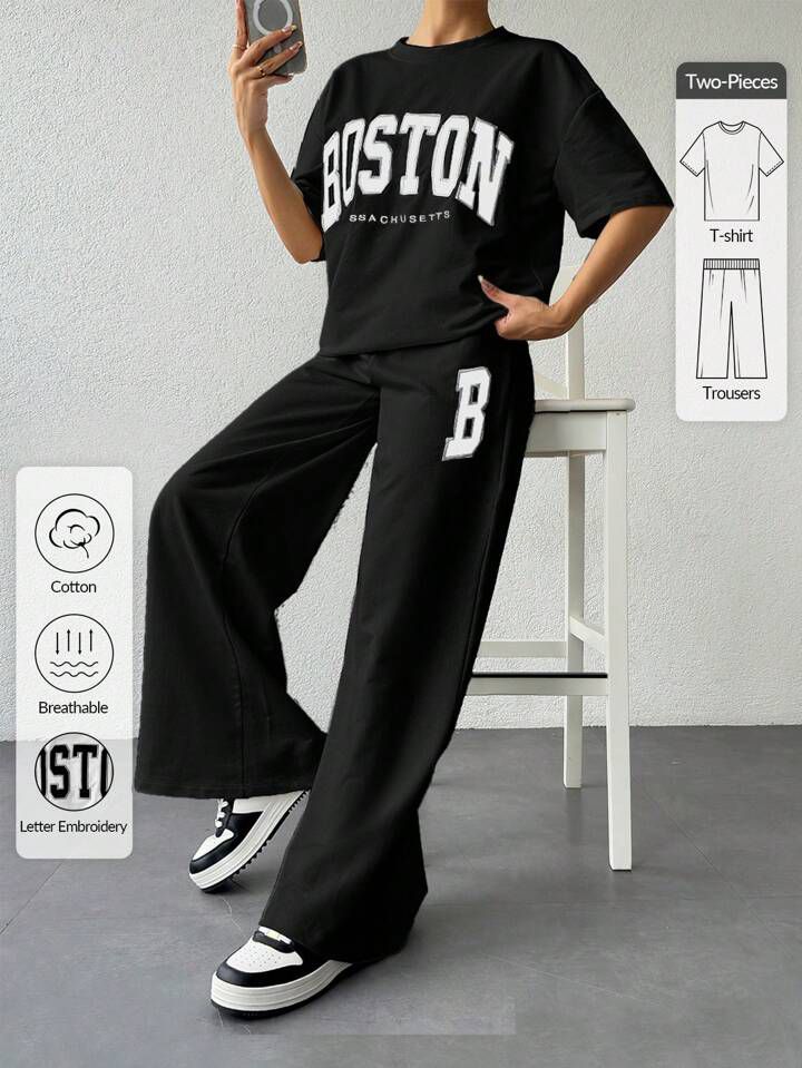 Women Black Boston Printed Two Piece Set – Oversized T-Shirt & Wide Leg Trousers