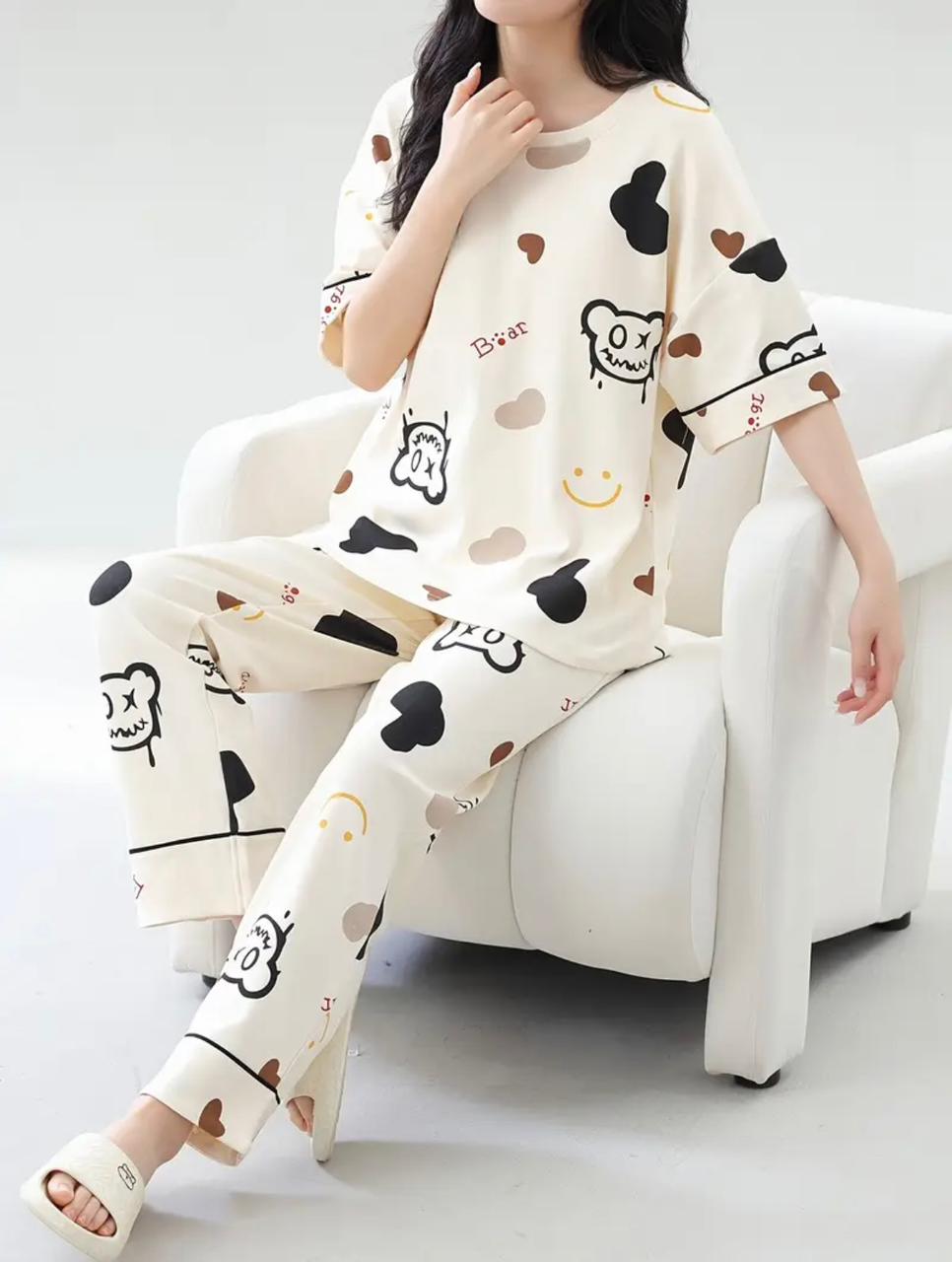 Cozy Bear Print Lounge Set for Women – Soft Cotton Night Suit, Cute Pajama Set