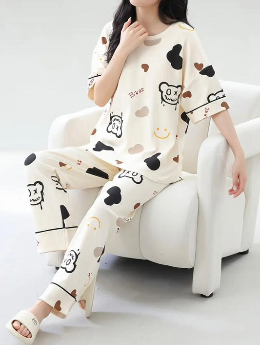 Cozy Bear Print Lounge Set for Women – Soft Cotton Night Suit, Cute Pajama Set
