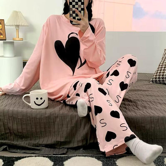 Oversized Pink Heart Loungewear - Full Sleeve Heart Print Pajama Set
