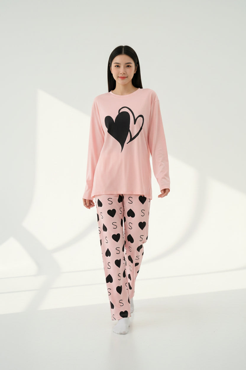 Oversized Pink Heart Loungewear - Full Sleeve Heart Print Pajama Set
