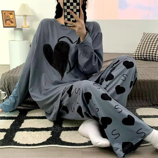 Oversized Pink Heart Loungewear - Full Sleeve Heart Print Pajama Set