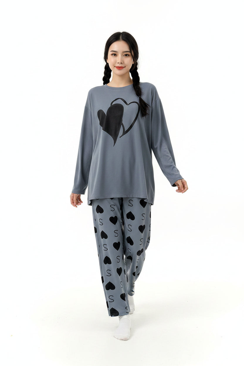 Oversized Pink Heart Loungewear - Full Sleeve Heart Print Pajama Set