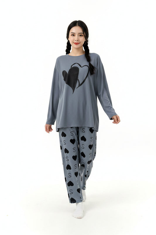 Oversized Pink Heart Loungewear - Full Sleeve Heart Print Pajama Set
