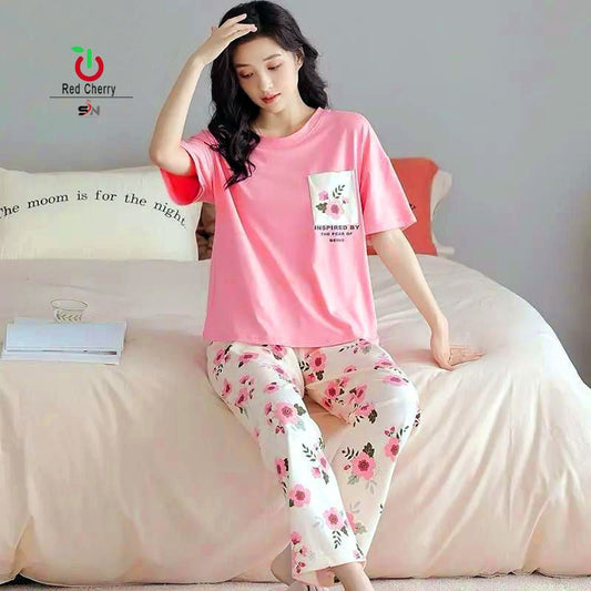 Pastel Pink Floral Pocket Pajama Set - Breathable Cotton Nightwear